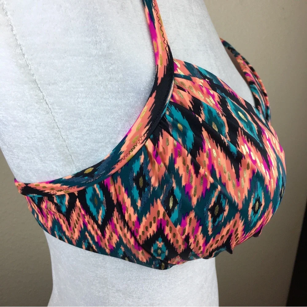 Push-Up Halter Bikini Top in Teal, Coral & Pink